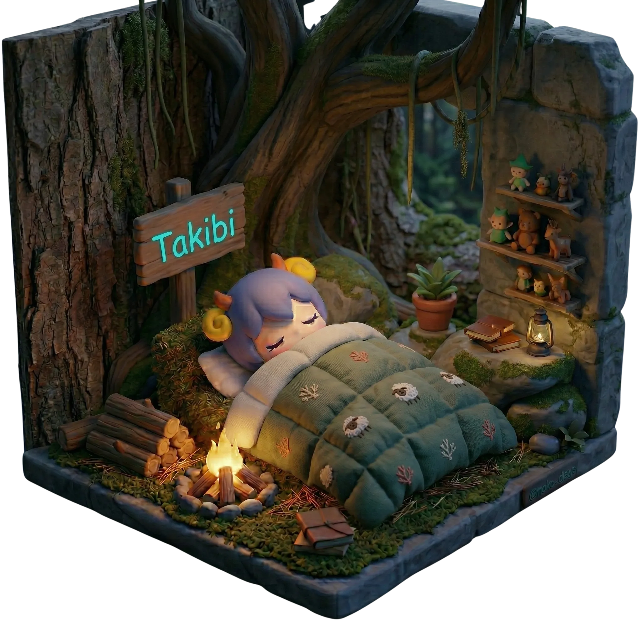 焚き火のそばで眠りに向かう夜のシーン